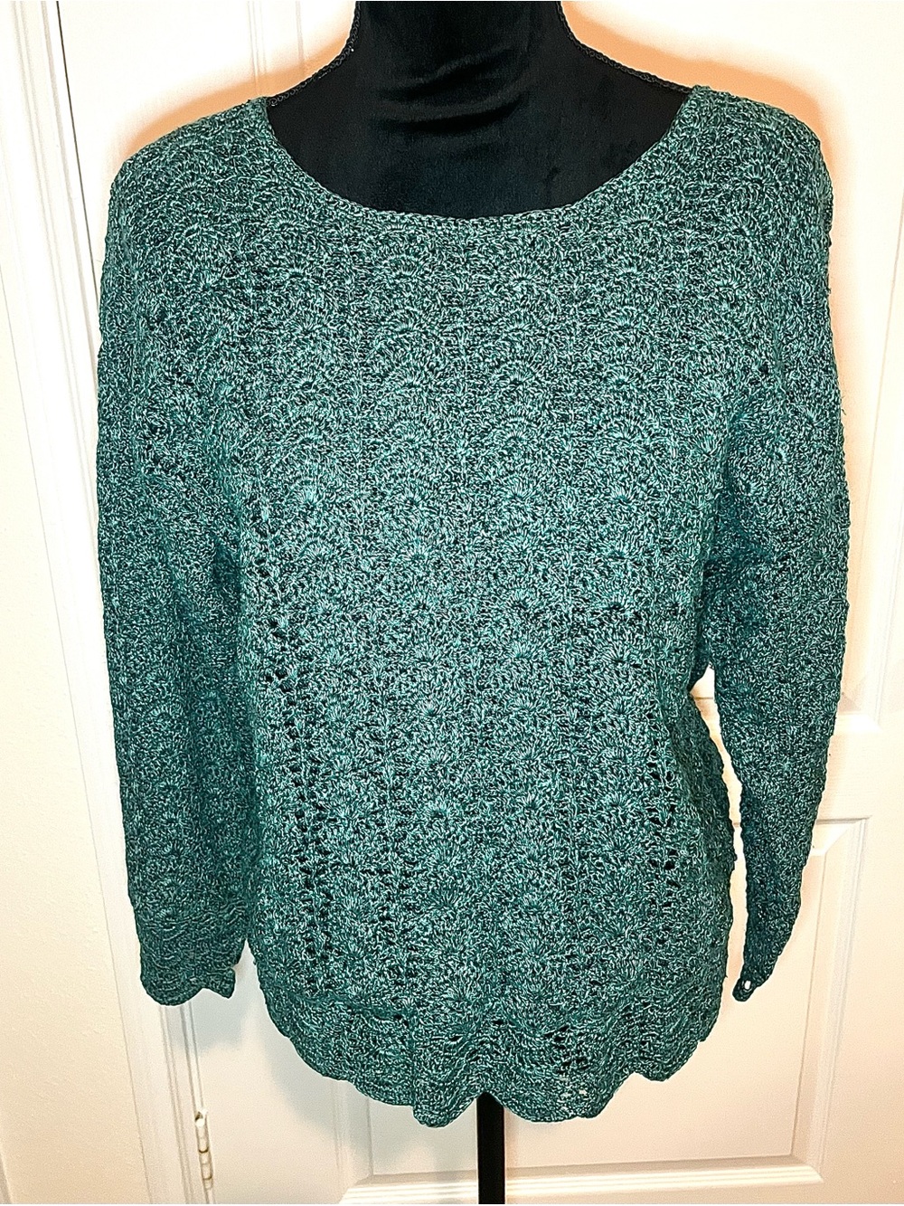 Vintage open-knit crochet pullover teal sweater